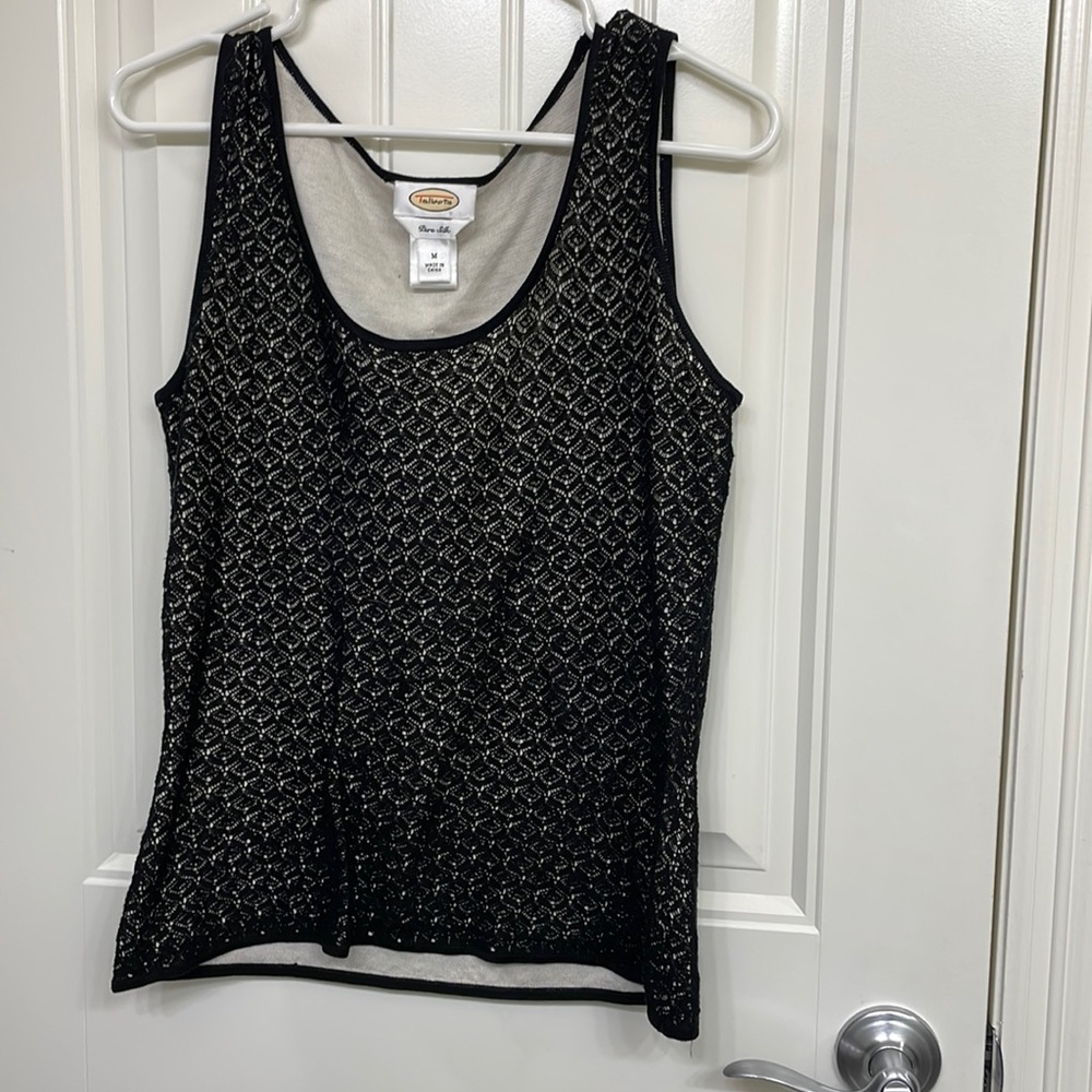 Talbots Womens Knit Tank Top Black Cream Geometric Scoop Lace Silk Size …‎